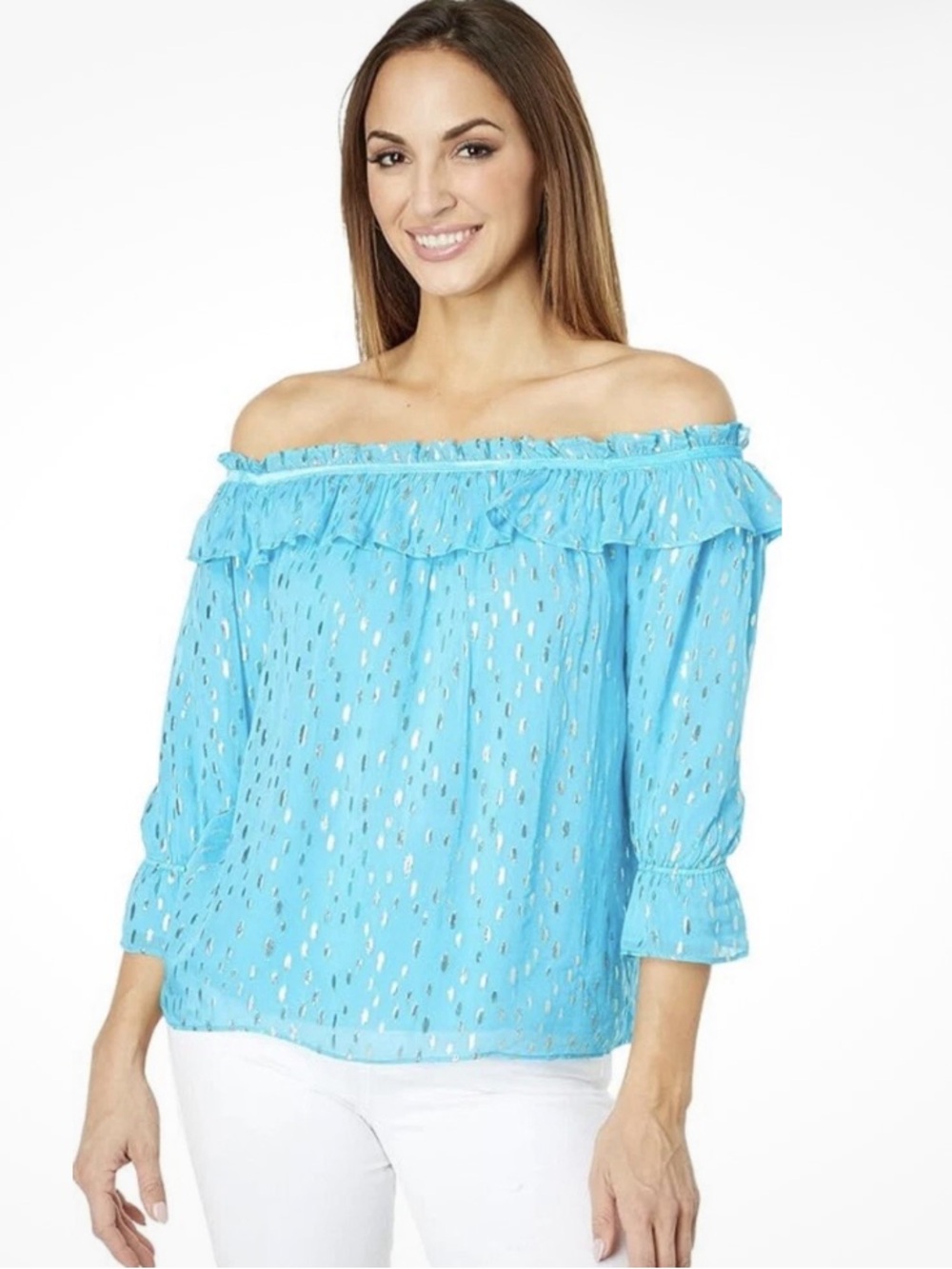Lilly Pulitzer Turquoise Off-Shoulder Ruffle Top with Metallic Dot Accents XS - Picture 3 of 6